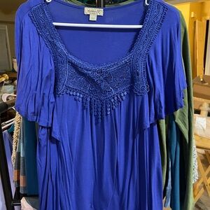 American Rag Blue Ruffled Blouse with Embellished Neckline